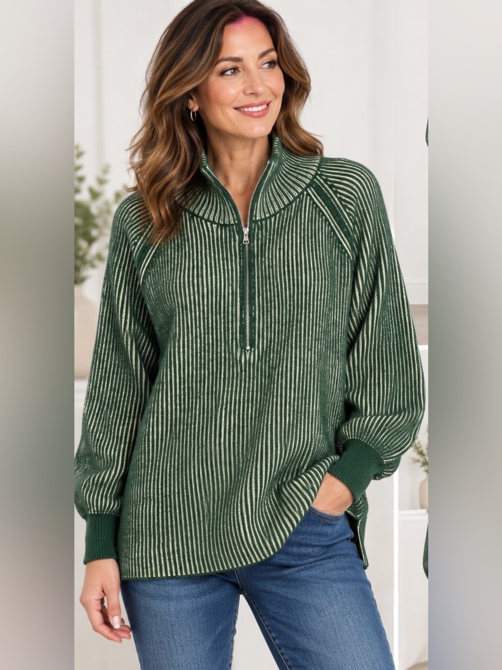 Zenana Outfitters Two-Tone Striped Half-Zip Pullover Sweater -New in Bag